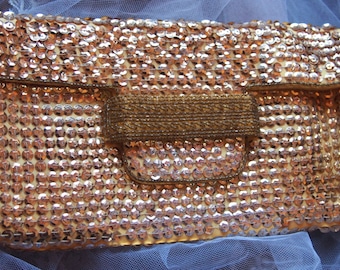 RETRO 1950s Vintage Handbag Gold Sequins and Glass Mini Beads Cocktail Bag super Hollywood Diva  On SaLe Now