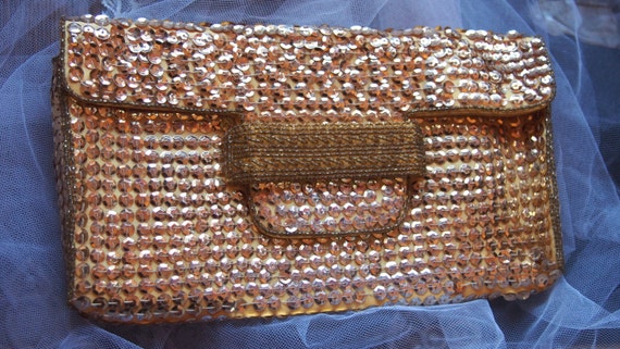 RETRO 1950s Vintage Handbag Gold Sequins and Glas… - image 1
