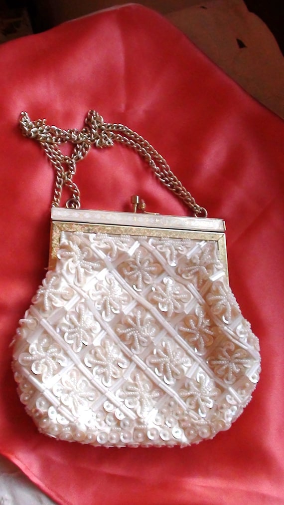 Antique Bag SEQUINS and Glass Beads on WHITE Silk 