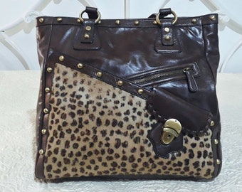 Kate Landry Handbag. Bright, Rich Leather & Faux Leopard Skin, Vintage 1980