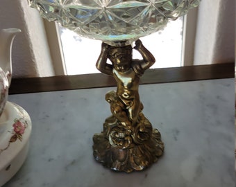 Antique Cherub Holding a Glass Bowl Fruit or Candy Welcome Tray