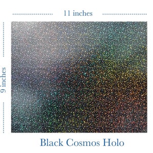 May include: Black Cosmos Holo iron-on vinyl sheet, 11 inches by 9 inches, with a holographic finish that shimmers with rainbow colors.