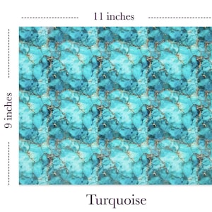 May include: Turquoise-colored marble-like pattern with gold veins. The pattern is repeated across the 11-inch by 9-inch surface.