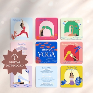 May include: A collection of nine square digital download cards featuring yoga poses. Each card has a different pose with a person demonstrating the pose. The cards have colorful backgrounds and text, including "Summer Yoga" and pose names like "High Lunge" and "Wheel Pose."