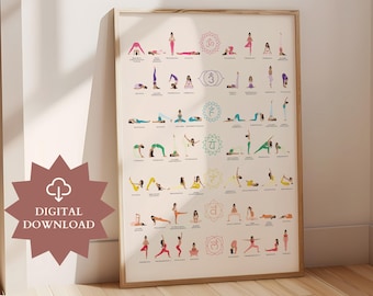 May include: A framed poster titled "Chakra Yoga Asana Chart" displays various yoga poses with chakra symbols. The poster is in a light-colored frame and leans against a wall. A digital download icon is in the lower left corner.