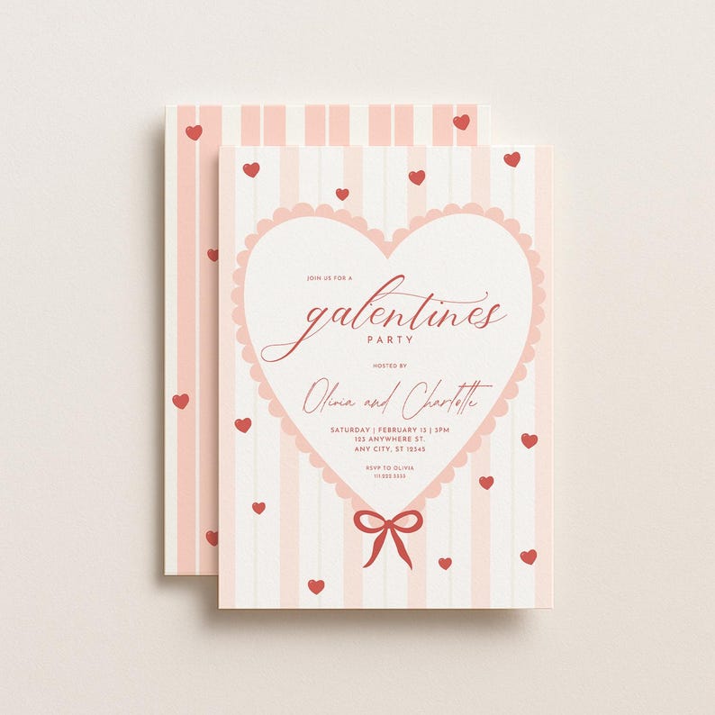 May include: Two Galentine's Party invitations. The invitations have a pink and white striped background with a heart-shaped design in the center. The text reads "Galentine's Party" and includes event details. Small red hearts and a bow decorate the invitation.
