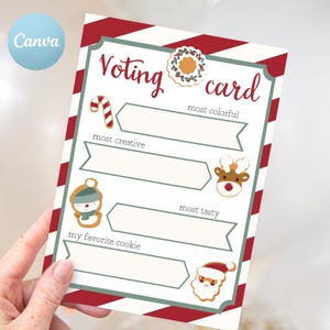 May include: A Christmas-themed voting card with a red and white striped border. The card features gingerbread cookie illustrations and the words "Voting card" in red script. Categories include "most colorful" and "most creative."