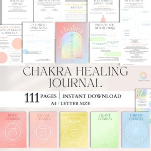 Può includere: Una collezione di diari di guarigione dei chakra con il titolo "Chakra Healing Journal" in grandi caratteri. I diari sono in vari colori, tra cui rosa, giallo e blu. È visibile anche il testo "111 pagine" e "Download istantaneo".