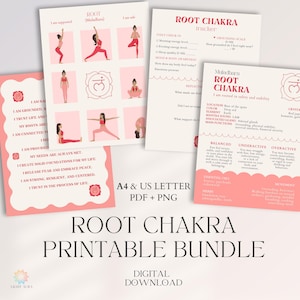 May include: A printable bundle featuring Root Chakra guides. The bundle includes yoga poses, a tracker, and affirmations. The design incorporates pink and white colors, with the text "Root Chakra Printable Bundle" at the bottom.