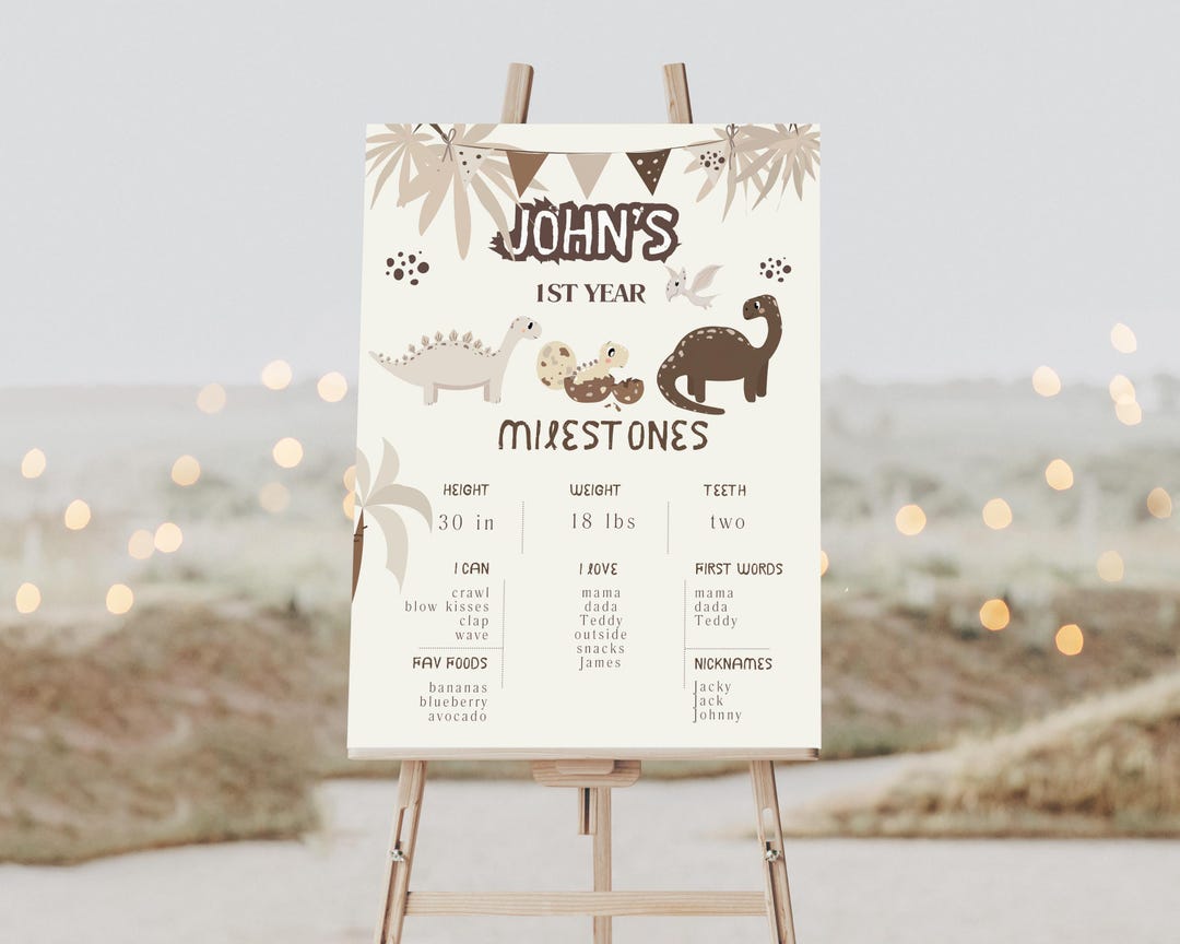 Dinosaur First Birthday Milestone Board Printable | Editable Dino ...