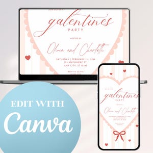 May include: A digital invitation for a Galentine's Party, displayed on a laptop and smartphone. The design features a pink heart, red hearts, and the text "Galentine's Party" with the names Olivia and Charlotte. The invitation is editable with Canva.