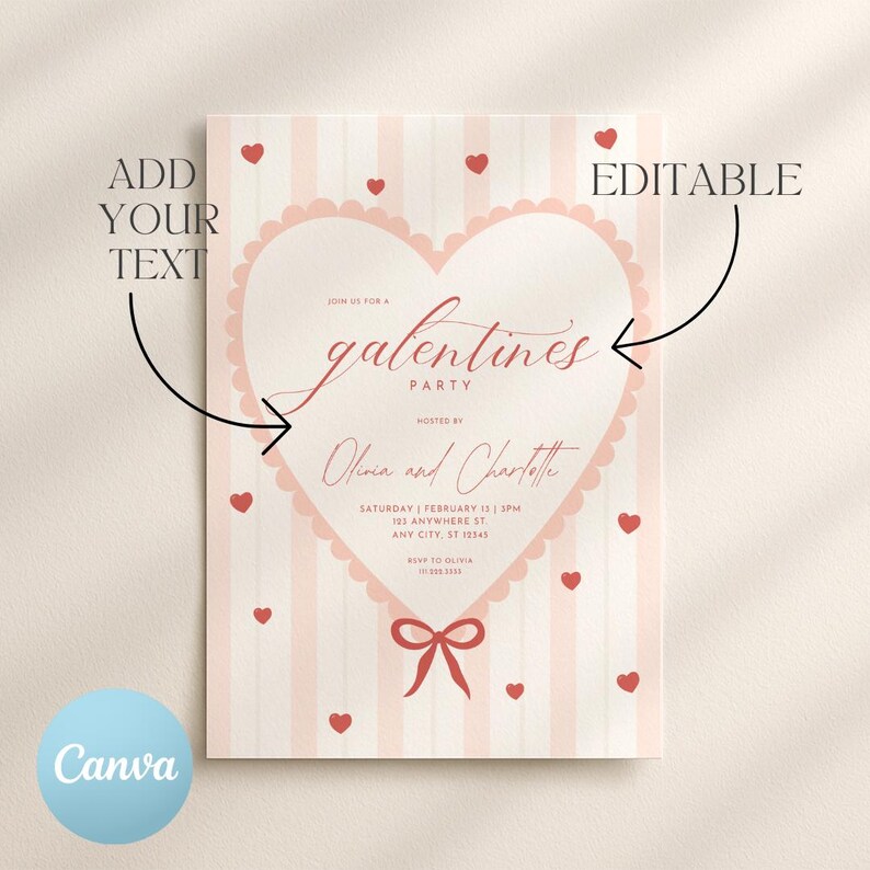 May include: A light pink and white striped invitation with a heart-shaped design. The invitation reads "Galentine's Party" and includes details like the date, time, and location. Small red hearts are scattered across the design. The word "Editable" is written on the top right.