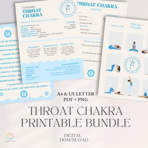 Puede incluir: Un paquete imprimible de Chakra de la Garganta con diseños en azul claro y blanco. El paquete incluye hojas informativas, un rastreador y una escala de la verdad. El texto incluye "Throat Chakra" y "Digital Download".