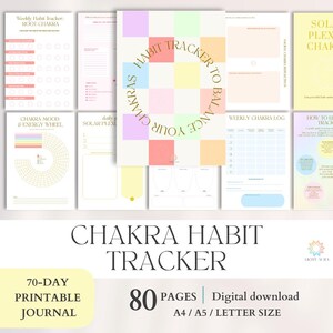 Może przedstawiać: Cyfrowy, drukowany dziennik zatytułowany "Chakra Habit Tracker" z 80 stronami. Dziennik zawiera strony do śledzenia nawyków, nastroju i energii, z naciskiem na czakry. Projekt zawiera pastelowe kolory i tekst "Chakra Habit Tracker".