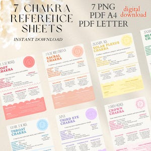 7 Chakra Info Sheets | Colorful Chakra Cheat Sheets Printable | Digital Download Energy Healing Self-Care  Printable Chakra Reference Cards