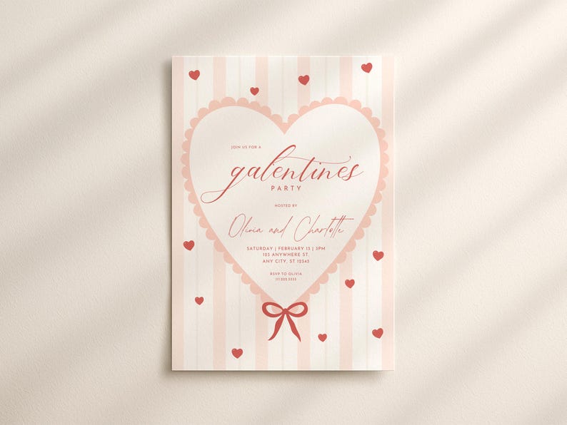 May include: A Galentine's Party invitation with a pink and white striped background. The invitation features a large heart shape with a scalloped edge, the words "Galentine's Party", and the names Olivia and Charlotte.
