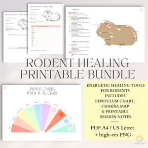 May include: A printable bundle for rodent healing, including a pendulum chart, chakra map, and session notes. The bundle features a guinea pig illustration with chakra points labeled, and the text "Rodent Healing Printable Bundle".