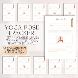 Puede incluir: Un conjunto de hojas de trabajo imprimibles para el seguimiento de posturas de yoga. El diseño presenta una paleta de colores neutros con ilustraciones de posturas de yoga. El texto dice "YOGA POSE TRACKER - 57 PRINTABLE ASANA WORKSHEETS | YOGA TEACHER JOURNAL".