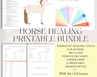 Notities voor een Reiki-sessie met een paard – Afdrukbaar werkblad voor de chakra's van het paard | Sjabloon voor energieheling met dieren (PDF + PNG, A4-formaat en US Letter-formaat)