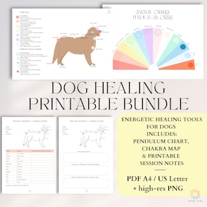 Druckbares Tier-Reiki-Paket – Hunde-Chakra-Karte, Pendeldiagramm und Notizen zur Heilungssitzung | PDF + PNG A4 / US-Brief für Energiearbeit