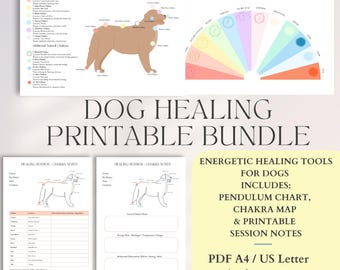 Printbare bundel met materialen voor dierenreiki – Chakra-kaart voor honden, pendelschema en aantekeningen voor helingssessies | PDF + PNG A4 / US Letter voor energiewerk