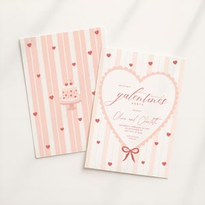 May include: Two pink and white striped Galentine's party invitations. One features a cake with hearts, the other has a heart-shaped design with the text "Galentine's Party" and event details. Red hearts are scattered across the invitations.