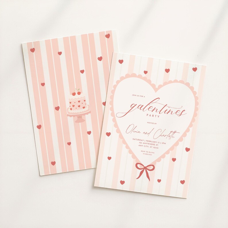 May include: Two pink and white striped Galentine's party invitations. One features a cake with hearts, the other has a heart-shaped design with the text "Galentine's Party" and event details. Red hearts are scattered across the invitations.