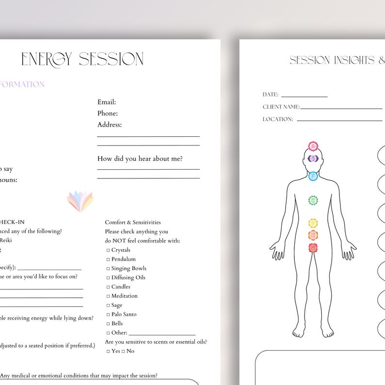 Chakra Clientform Reiki Client Intake Form & Chakra Session Notes – Printable PDF ...
