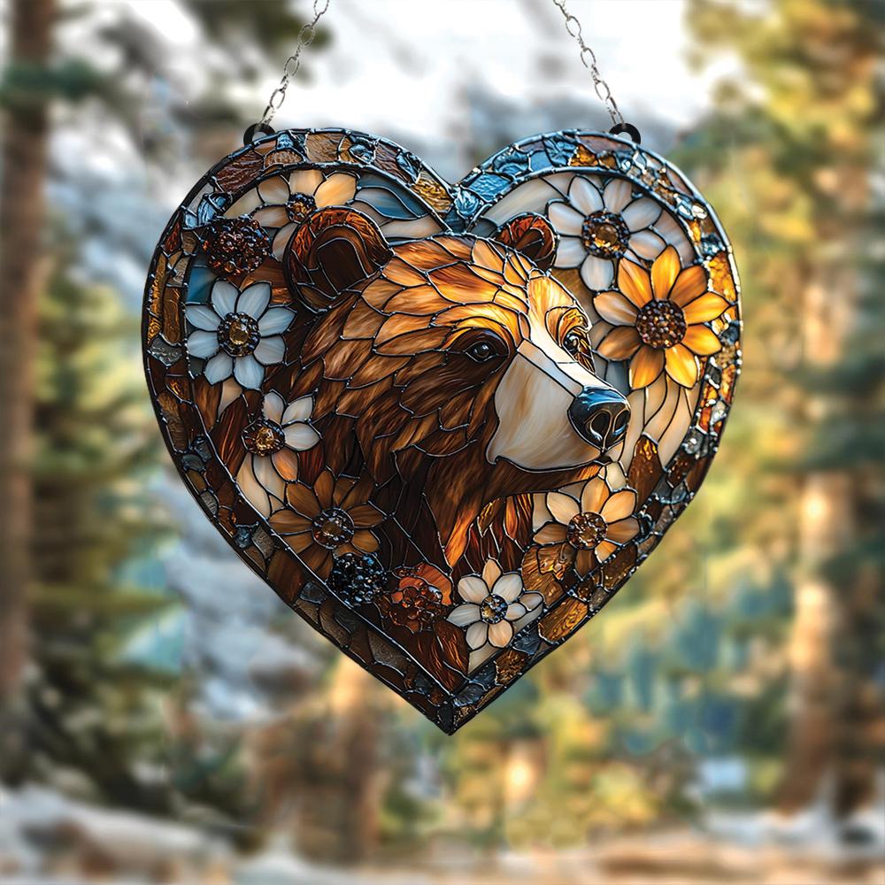 Bear Heart Suncatcher with Forest Flowers and Brown Bear Head, Acrylic Rustic Window Hanging for Nature, Cabin or Woodland Decor Gift