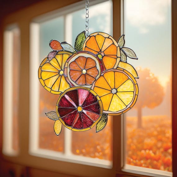 Fresh Citrus Stained Glass Panel, Handmade Orange Slice Window Hanging, Bright Kitchen Decor