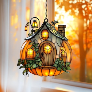 Whimsical Pumpkin Fairy House Faux Stained Glass Acrylic Suncatcher, Cottagecore Lantern Window Hanging, Autumn Garden Decor Gift For Her