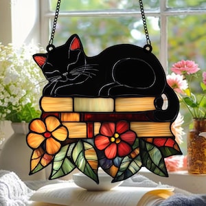 Reading Cat and Book Suncatcher, Acrylic Window Hanging Ornament, Bookish Gift for Cat Lovers, Librarian Decor and Cat Mom Keepsake