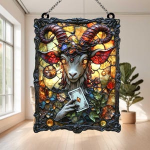Occult Goat Suncatcher, Acrylic Hanging Art with Glowing Eyes, Tarot Cards and Crystals, Gothic Witchy Decor for Dark Fantasy Homes