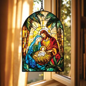 Katolicka ozdoba łapacza słońca Narodzenia, religijne akrylowe okno wiszące, dekoracja bożonarodzeniowa szopki Jezusa, chrześcijański prezent do domu
