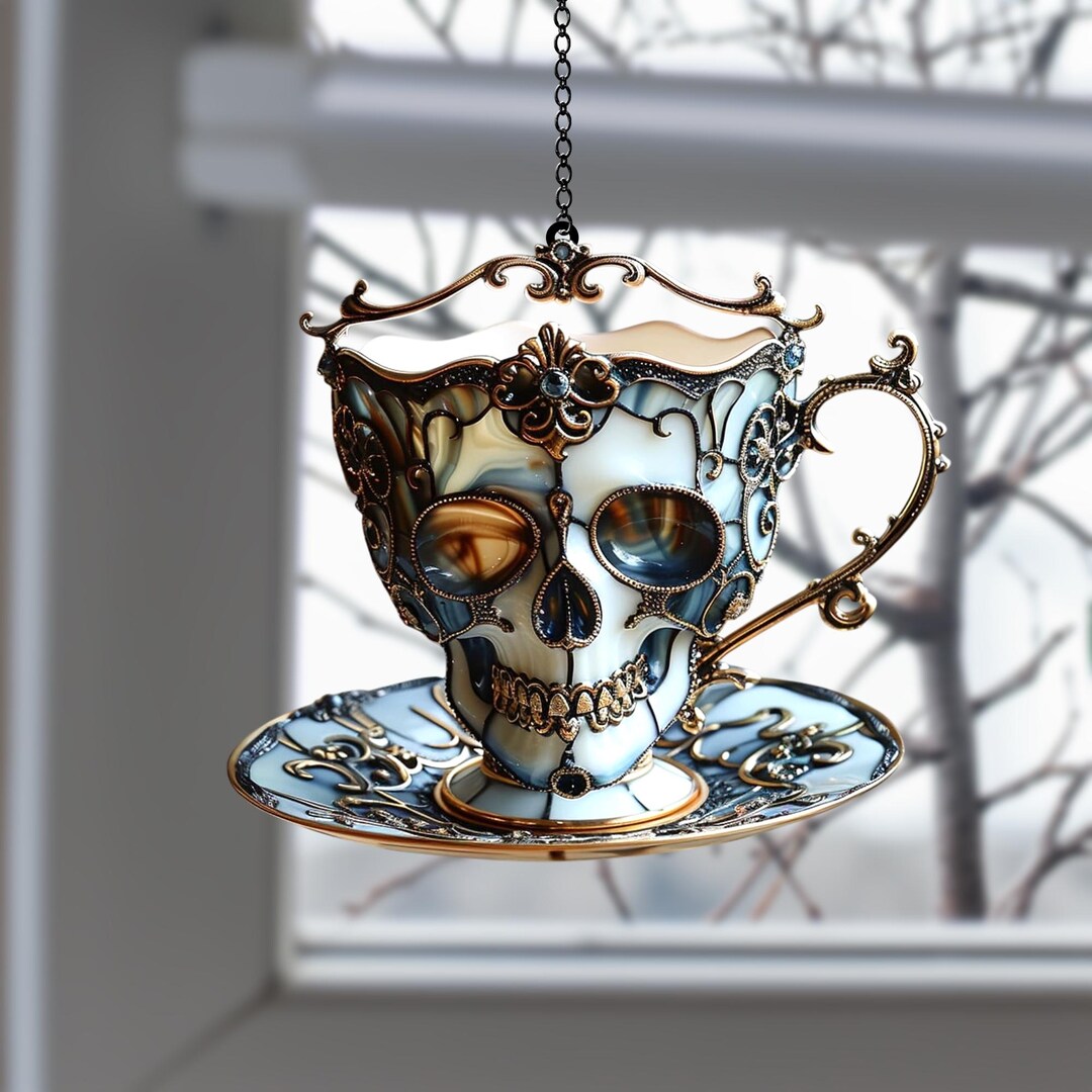 Baroque Skull Tea Cup Faux Stained Glass Ornament, Macabre Coffee Mug ...