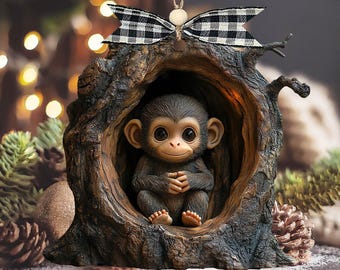Monkey 2D Flat Printed NOT 3D Ornament Cute Monkey Wooden Ornament Christmas Gift For Monkey Lover Animal Lover Xmas Gift For Kids Family