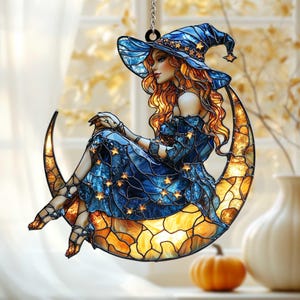 Crescent Moon Witch Acrylic Suncatcher – Halloween Window Hanging with Starry, Broom and Celestial Hat for Magical Fall and Witchy Decor