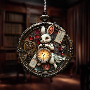 Lapin blanc attrape-soleil avec montre de poche et cartes, oeuvre d'art acrylique suspendue pour décoration d'Alice au pays des merveilles, idée cadeau steampunk fantastique