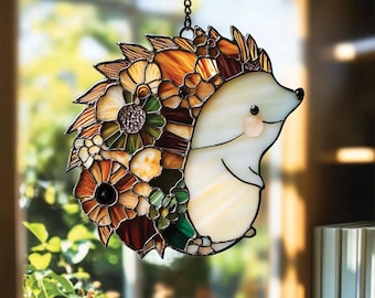 Hedgehog Lover Faux Stained Glass Suncatcher, Nature-Inspired Window Hanging Ornament, Ideal Birthday or Christmas Gift for Her