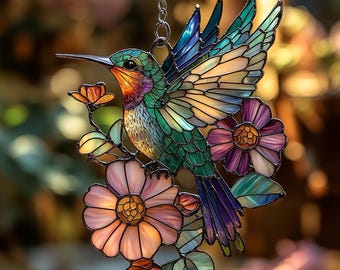 Hummingbird Window Hanging Suncatcher, Acrylic Suncatcher Hummingbirds and Flowers, Perfect Gift for Women and Elegant Home Wall Decor