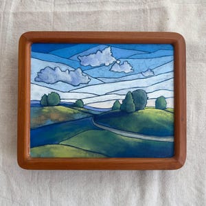 Original Oil Painting -  A Winding Path Through Hills, Setting Sun in the Distance, with Bold Blue Underpainting