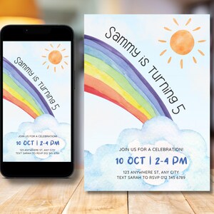 May include: A birthday invitation with a rainbow and a sun. The text reads "Sammy is turning 5" and includes details for the celebration: "Join us for a celebration! 10 OCT | 2-4 PM 123 ANYWHERE ST, ANY CITY TEXT SARAH TO RSVP 012 345 6789"