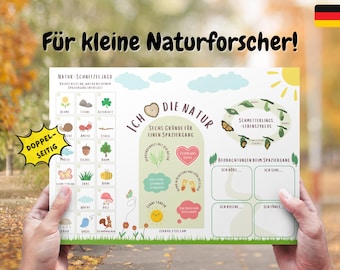 May include: A printable nature activity sheet for kids with a colorful illustration of a butterfly life cycle, a checklist of nature items to find, and a section for nature observations. The sheet is titled "Ich Die Natur" and has the text "Sechs Gründe für einen Spaziergang" and "Beobachtungen beim Spaziergang".