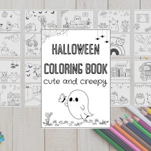 Lindas y espeluznantes páginas para colorear de Halloween / 20 escenas únicas en 10 páginas / Imprimibles económicos para divertirse en casa o mientras viaja (A4 / Carta)