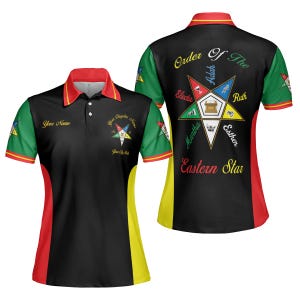 May include: Black polo shirt with red, green, and yellow accents. The shirt features a collar and a design on the front and back with text that reads "Your Name", "Your Chapter Name", "Order Of The Eastern Star", and names like "Electa" and "Adah".