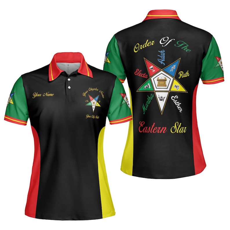 May include: Black polo shirt with red, green, and yellow accents. The shirt features a collar and a design on the front and back with text that reads "Your Name", "Your Chapter Name", "Order Of The Eastern Star", and names like "Electa" and "Adah".