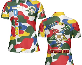 Polo personalizado OES Camuflaje - Diseño estampado de la Estrella de Oriente en camuflaje, personalizable con nombre y capítulo. Camiseta de las Hermanas OES.