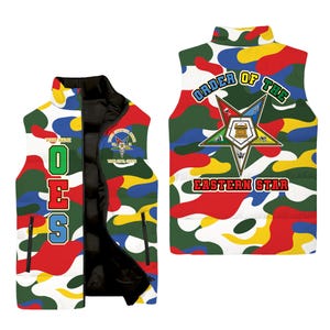 Customize OES Camo Sleeveless Down Jacket, Personalized Order of the Eastern Star Chapter Sisters & Brothers Camouflage Puffer Vest