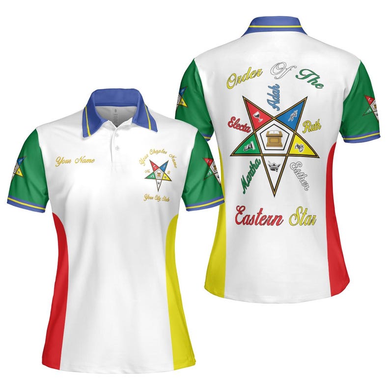 May include: White polo shirt with blue collar and sleeves, featuring a colorful emblem and text. The shirt has green, red, and yellow accents. The back of the shirt displays a star design with text, including "Order of The Eastern Star."