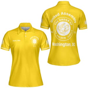 May include: Yellow polo shirt with white trim and the text "United Assembly The Order of The Golden Circle Washington, DC" on the back. The front of the shirt has the text "Name, Title" and a logo.